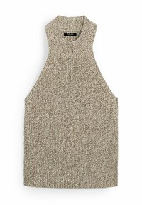 Beige gestricktes ärmelloses Oberteil mit hohem Kragen, das ein strukturiertes Muster und offene Armausschnitte aufweist, hergestellt aus weichem, dickem Garn.