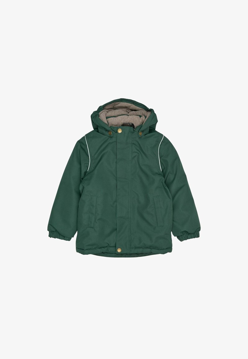 Grüne isolierte Jacke mit Kapuze, mit grauem Innenfutter, goldenen Druckknöpfen und weißen Einsatz entlang der Schultern. Zwei Fronttaschen.