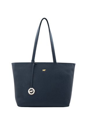Borsa tote in pelle blu navy con finitura texture, manici lunghi e un emblema dorato. Presenta un charm rotondo con un accento del logo.