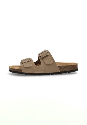 Sandal de ante marrón con dos correas ajustables, plantillla de corcho y suela de goma negra texturizada. Diseño de punta abierta con estilo minimalista.