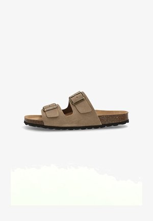 Sandal de ante marrón con dos correas ajustables, plantillla de corcho y suela de goma negra texturizada. Diseño de punta abierta con estilo minimalista.