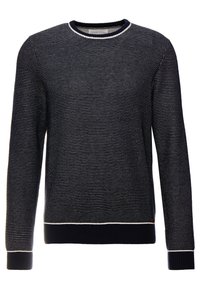 Maglione lavorato a maglia navy con un motivo testurizzato, dotato di un collo a giro e polsini a costine, contrassegnato da dettagli bianchi lungo i bordi.