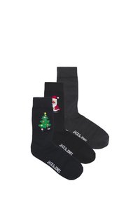 Set di calze a tema natalizio con tre paia: uno blu notte con Babbo Natale, uno blu notte con un albero di Natale e uno grigio scuro uniforme. Materiale in misto cotone.