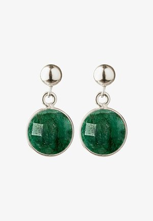 Silver stud earrings with round, polished green stone pendants hanging below the studs on a white background.