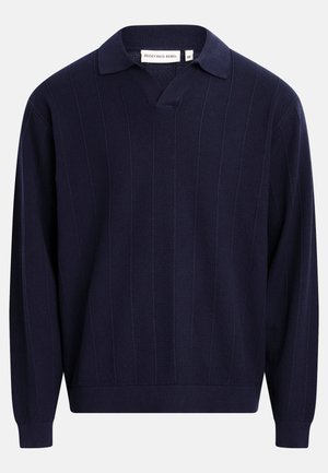 Navy blue long-sleeve knit sweater with subtle vertical stripes, ribbed cuffs and hem, and a collared V-neck opening.
