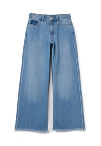 Jeans de pierna ancha azul claro con un dobladillo sin terminar, cinco bolsillos y un cierre de botón único. Fabricados en denim con una textura suave.