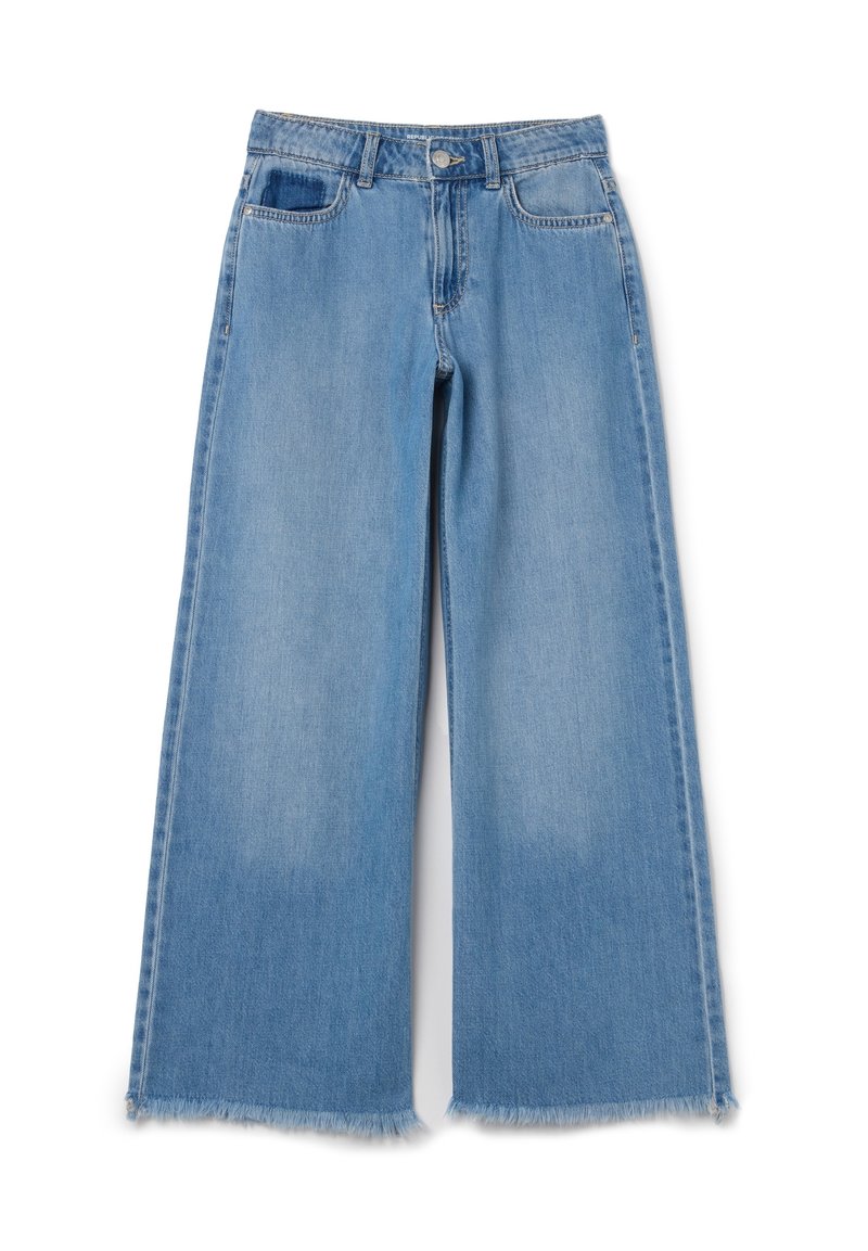 Jeans de pierna ancha azul claro con un dobladillo sin terminar, cinco bolsillos y un cierre de botón único. Fabricados en denim con una textura suave.