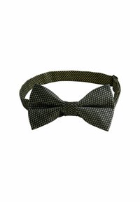 Black bow tie with gold speckles. Made of fabric with a textured finish. Features a matching patterned strap for secure wear.