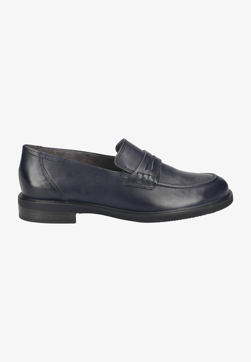Mocassin homme en cuir bleu marine avec semelle noire, bout arrondi et bride décorative sur le dessus.