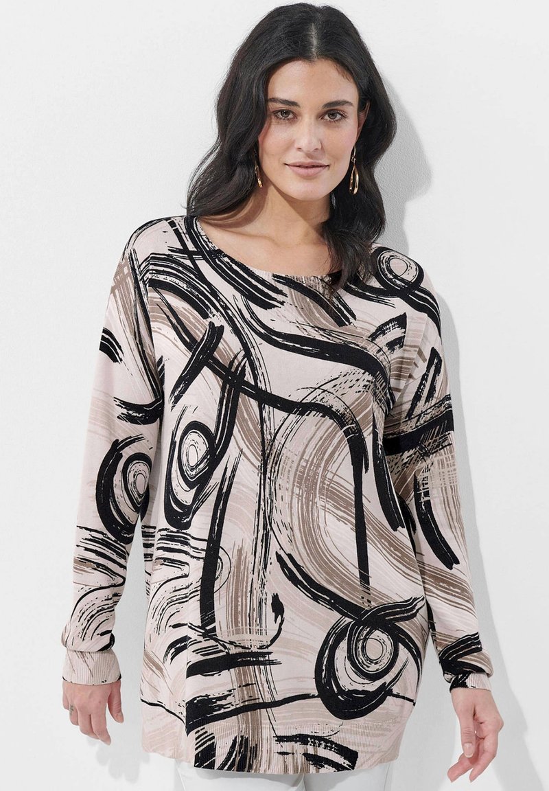 Langarmshirt aus weichem Stoff mit abstrakten schwarz-beigen Wirbeln, Rundhalsausschnitt und eng anliegenden Bündchen.