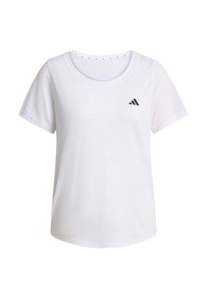 Camiseta blanca de manga corta hecha de tela suave. Presenta un cuello redondeado y un pequeño logo negro en el pecho izquierdo. Diseño sencillo.