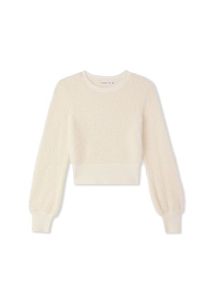 Maglione corto color crema con texture morbida e pelosa, polsini a coste e scollo rotondo. Le maniche a palloncino aggiungono volume al design.