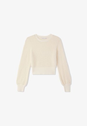 Maglione corto color crema con texture morbida e pelosa, polsini a coste e scollo rotondo. Le maniche a palloncino aggiungono volume al design.