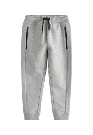 Grijze joggingsbroek van zacht materiaal, met een elastische tailleband, trekkoord en twee ritszakken met zwarte accenten.