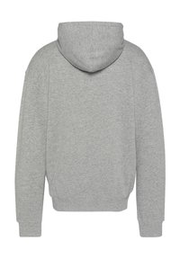 Grijze hoodie met een gestructureerde afwerking, voorzien van een losse pasvorm, ribgebreide manchetten en zoom, en een eenvoudig, onopgesmukt ontwerp.