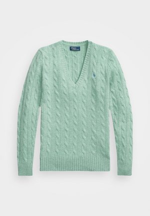 Lichtgroene kabelgebreide V-hals trui met lange mouwen en geribbelde manchetten, voorzien van een klein logo op de linkerborst.