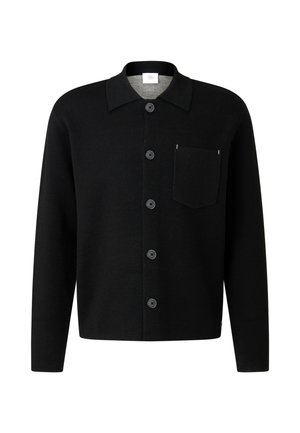 Schwarze Wolljacke mit Knöpfen, einem breiten Kragen, Brusttasche und sechs Frontknöpfen. Glatte Textur, taillierte Form, minimalistische Gestaltung.