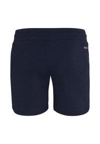 Pantalones cortos de algodón azul marino con cintura elástica, que presentan un pequeño logo rosa en el lado izquierdo. Textura suave con detalles de dobladillo cosidos.