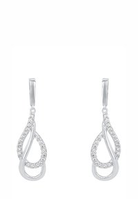 Silver hängande örhängen med sammanflätade slingor, en slingor prydd med små klara ädelstenar, elegant och symmetrisk design.