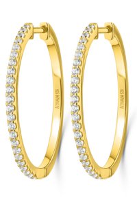 Vergoldete Creolen mit einer Reihe von klaren Zirkonia entlang des äußeren Randes. Glatte Oberfläche und polierte Ausführung.