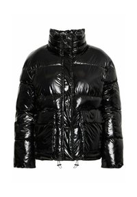 Doudoune noire avec finition brillante, col haut, fermeture éclair à l'avant, deux grandes poches et ajustements par cordon à l'ourlet. Design matelassé.