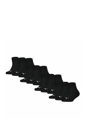 Schwarze Knöchelsocken mit gerippten Bündchen und einem kleinen weißen Logo. Set von zehn, weiche Textur, standardmäßige Form und einheitliches Design.