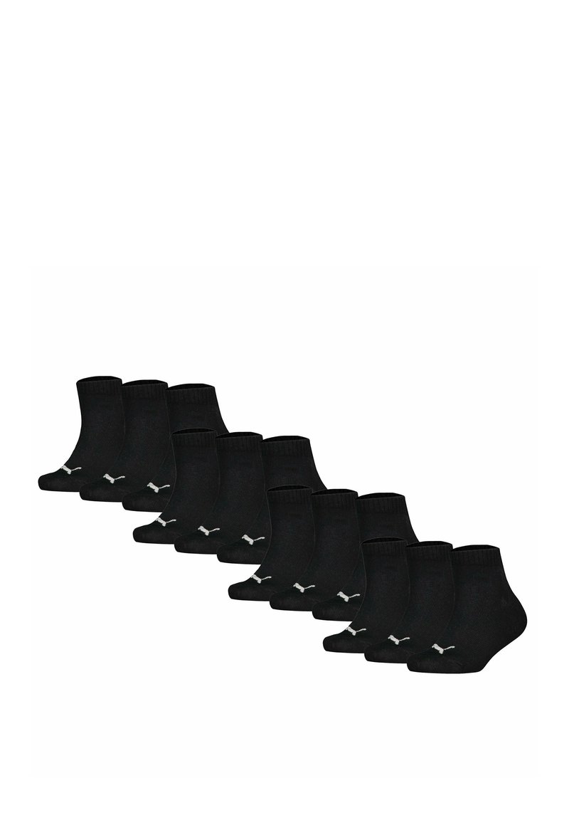 Calcetines negros hasta el tobillo con puños acanalados y un pequeño logo blanco. Conjunto de diez, textura suave, forma estándar y diseño uniforme.