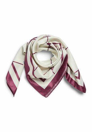 Écharpe en soie crème et bordeaux avec des motifs géométriques et floraux, pliée en spirale lâche sur fond blanc.