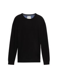 Suéter negro de cuello redondo y manga larga con puños y dobladillo acanalados, pequeño logotipo sutil en el lado izquierdo del pecho y detalle azul en el interior del cuello.