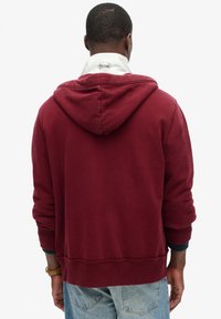 Felpa color bordeaux con cappuccio e lacci, polsini e orlo a coste, indossata sopra una camicia bianca con colletto a contrasto. Tessuto morbido.