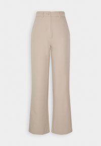 Pantalon beige à jambes larges avec une texture lisse, taille haute, fermeture avant par boutons, et coutures définies. Conçu pour une coupe décontractée.