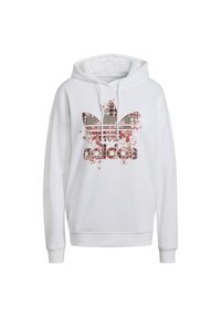 Vit hoodie i mjukt tyg med en stor grafik i röd och svart av Adidas-logotypen med blommönster.