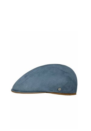 Blue suede flat cap with brown trim and small round metal emblem on side, displayed on white background.