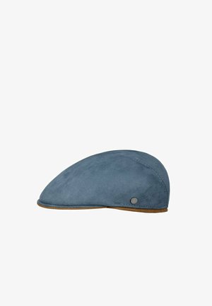 Blue suede flat cap with brown trim and small round metal emblem on side, displayed on white background.
