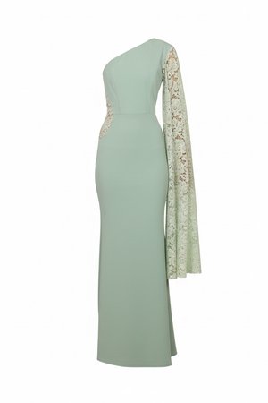 Robe de soirée vert menthe asymétrique avec silhouette ajustée, manche en dentelle tombante d’un bras et détail découpé en dentelle sur le côté opposé.