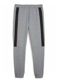 Grå sweatpants med sorte sidel burner, elastisk talje, tapered ben og en blød tekstur med kontrasterende paneler ved knæene.