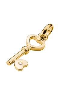 Goldplattierter Schlüsselanhänger mit einem herzförmigen Bogen und einem kleinen Herz-Akzent, das einen klaren Stein aufweist. Glatte, glänzende Oberfläche.