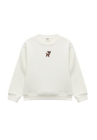 Vit bomullströja med långa ärmar och ribbade muddar, med en broderad rådjurdesign på bröstet. Slät textur.