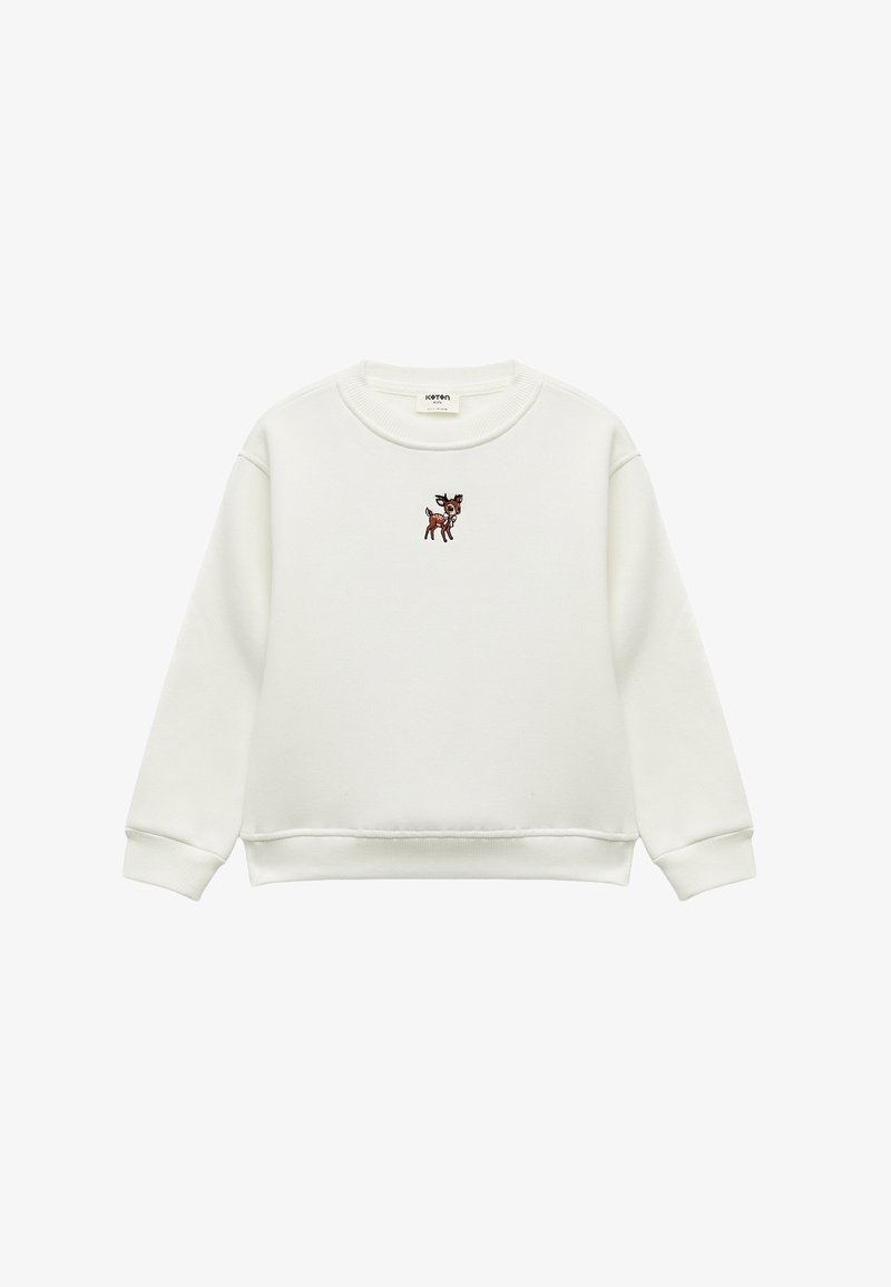Sweatshirt en coton blanc à manches longues et poignets côtelés, avec un design de faon brodé sur la poitrine. Texture lisse.