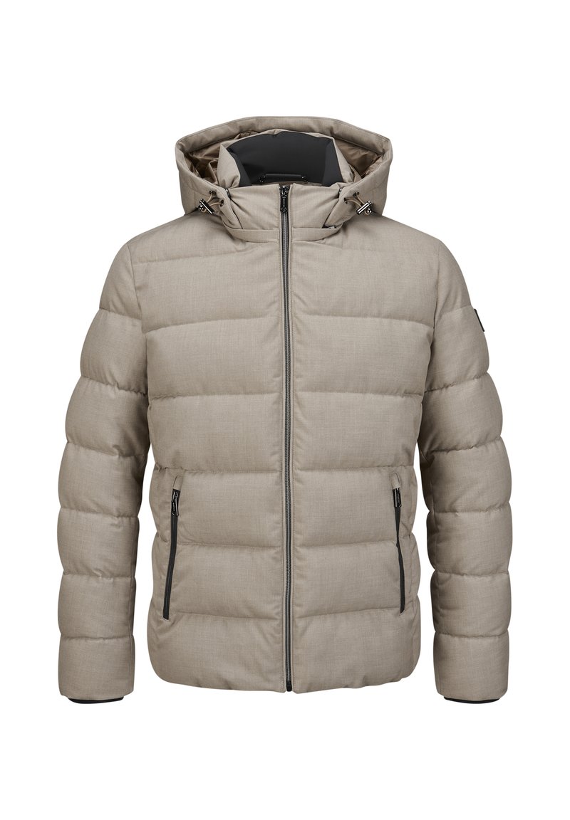 Beige gepolsterte Jacke mit Kapuze, ausgestattet mit einem Frontreißverschluss, zwei seitlichen Taschen und einem texturierten Stoff. Akzente sind schwarze Hardware an den Reißverschlüssen.