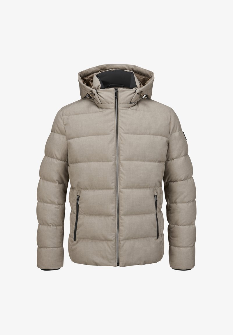 Beige gepolsterte Jacke mit Kapuze, ausgestattet mit einem Frontreißverschluss, zwei seitlichen Taschen und einem texturierten Stoff. Akzente sind schwarze Hardware an den Reißverschlüssen.