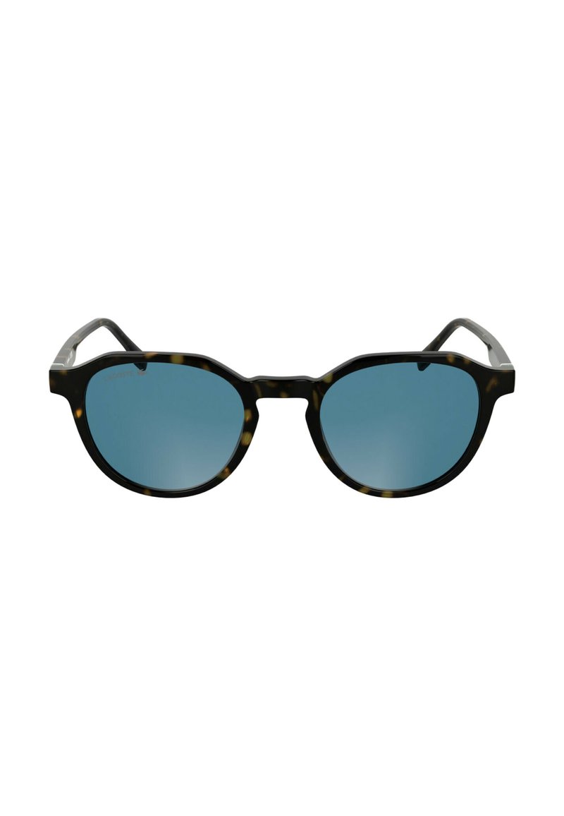 Lunettes de soleil rondes avec une monture en acétate noire et écaille de tortue, verres teintés bleus et accents argentés sur les branches.