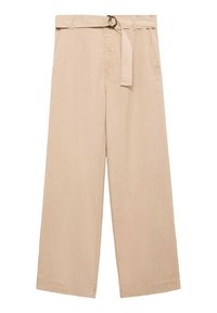 Pantaloni larghi beige realizzati in cotone morbido, dotati di una cintura e tasche laterali. Il tessuto presenta una texture liscia con risvolti piegati.