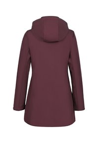 Giacca impermeabile borgogna con cappuccio, dotata di una texture liscia, vestibilità su misura e maniche lunghe. Design semplice senza hardware visibile.
