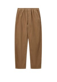 Pantalon en velours côtelé marron avec taille élastique et poches latérales, coupe droite, présenté sur fond blanc.