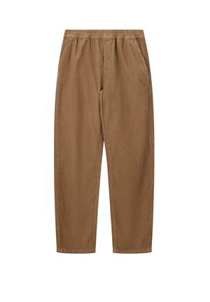 Pantalon en velours côtelé marron avec taille élastique et poches latérales, coupe droite, présenté sur fond blanc.