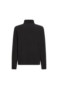 Pullover nero a maniche lunghe con colletto alto, realizzato in tessuto liscio, caratterizzato da un design semplice e pulito, senza motivi visibili né accessori.