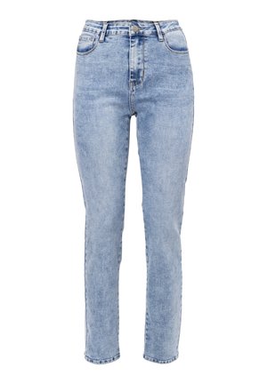 Lichtblauwe jeans met hoge taille, gemaakt van denim, met een rechte pijp, vijf zakken en minimale stiksel details.