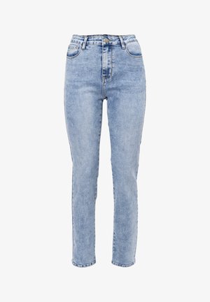 Lichtblauwe jeans met hoge taille, gemaakt van denim, met een rechte pijp, vijf zakken en minimale stiksel details.