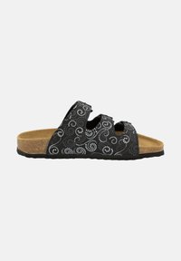 Black slide sandal featuring three adjustable straps with metallic swirl patterns, cork footbed, and a textured rubber sole for grip.